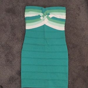 Teal Tri-Color Woven Front Strapless Bandage Dress
